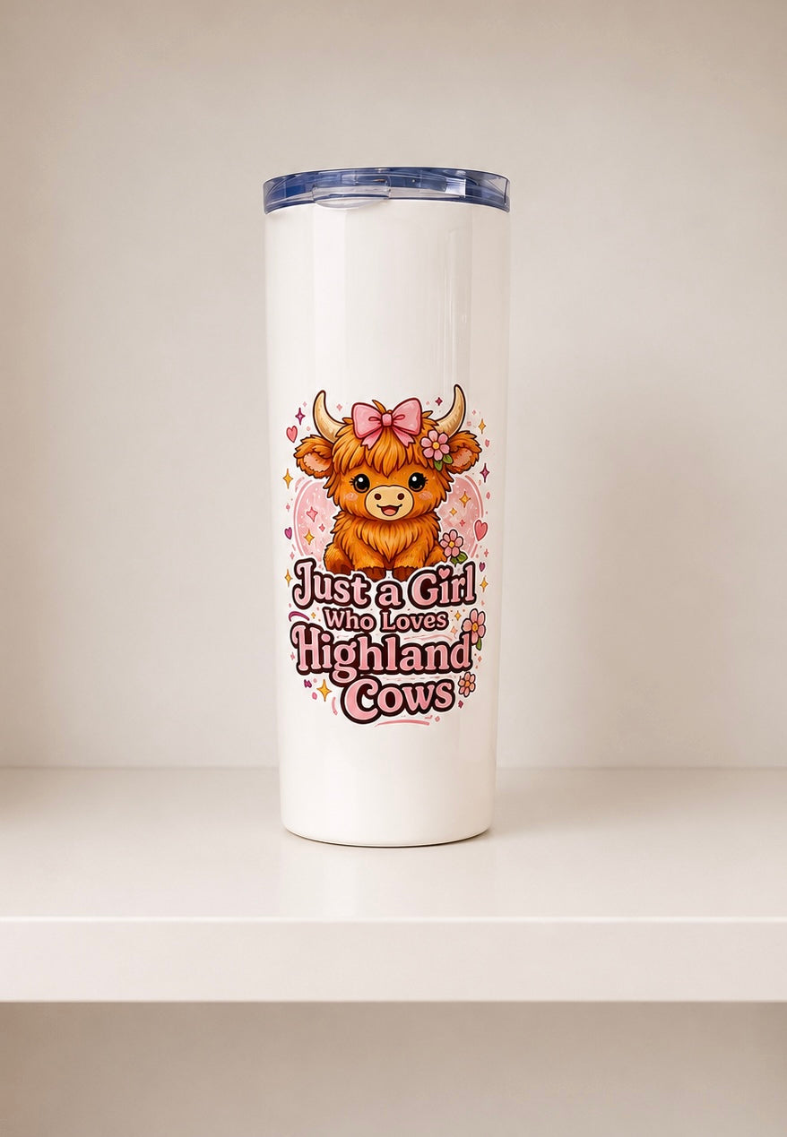 Just A Girl Who Loves Highland Cows 20oz Skinny Tumbler | Highland Cow Travel Cup | Cute Cow Gift for Women