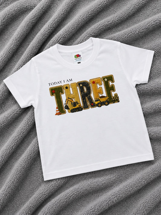 Today I Am Three Construction Birthday T-Shirt | 3rd Birthday Top