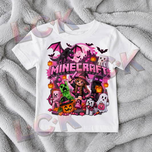 Pink Minecraft-Inspired Halloween Kids T-Shirt | Creeper Halloween Top