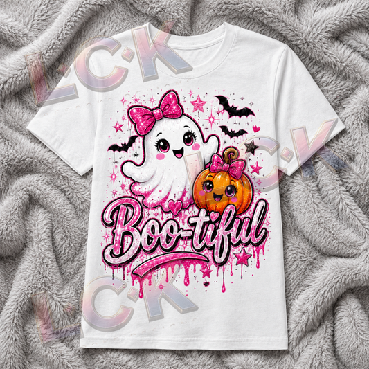 Boo-tiful Kids Halloween T-Shirt | Pink Ghost & Pumpkin Halloween Top