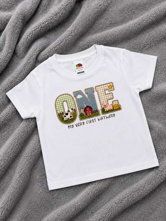 Ready to Post Farm Animal First Birthday T-Shirt | One Birthday Top