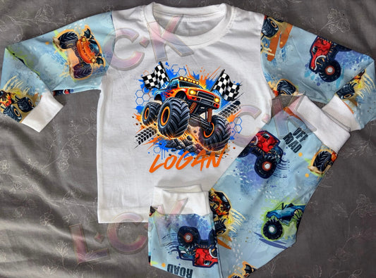 Personalised Monster Truck Pyjamas | Kids Birthday PJs | Custom Name & Message
