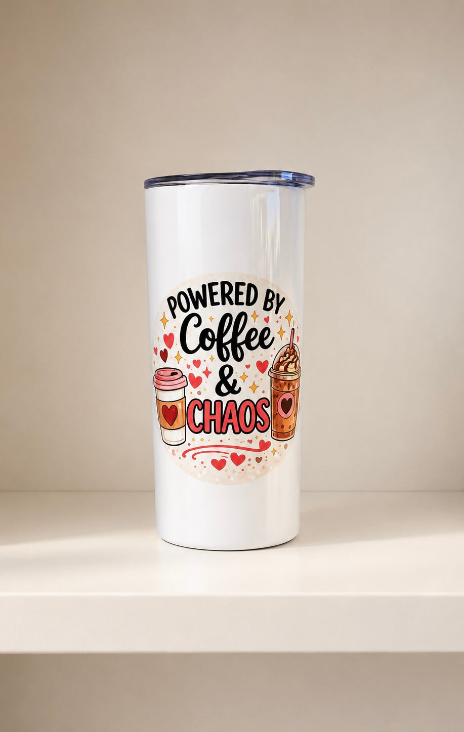 Powered By Coffee & Chaos 16oz Tumbler | Ready to Post | Coffee Lover Travel Cup Gift