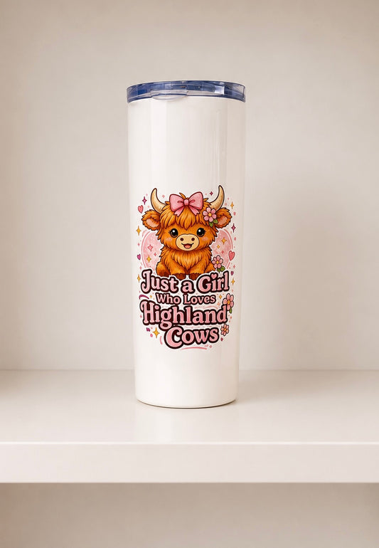 Just A Girl Who Loves Highland Cows 20oz Skinny Tumbler | Highland Cow Travel Cup | Cute Cow Gift for Women