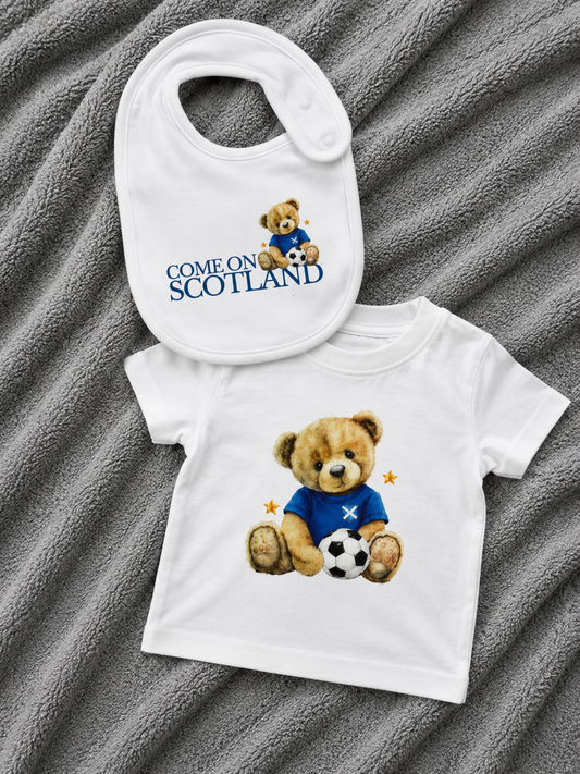 Scotland Teddy Bear Baby Top & Bib Set | 0-3 Months | Football Baby Gift | Ready to Post